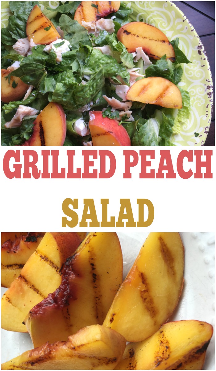 This healthy salad recipe is so yummy! It uses grilled peaches and a champagne vinaigrette dressing.