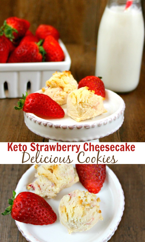 Easy and delicious low carb cookies. These Keto strawberry cheesecake cookies are a health dessert idea if you are following the keto diet. #lowcarb #keto #cheesecake #lowcarbcookies #ketocookies #lowcarbdesserts #ketodesserts #ketocheesecake